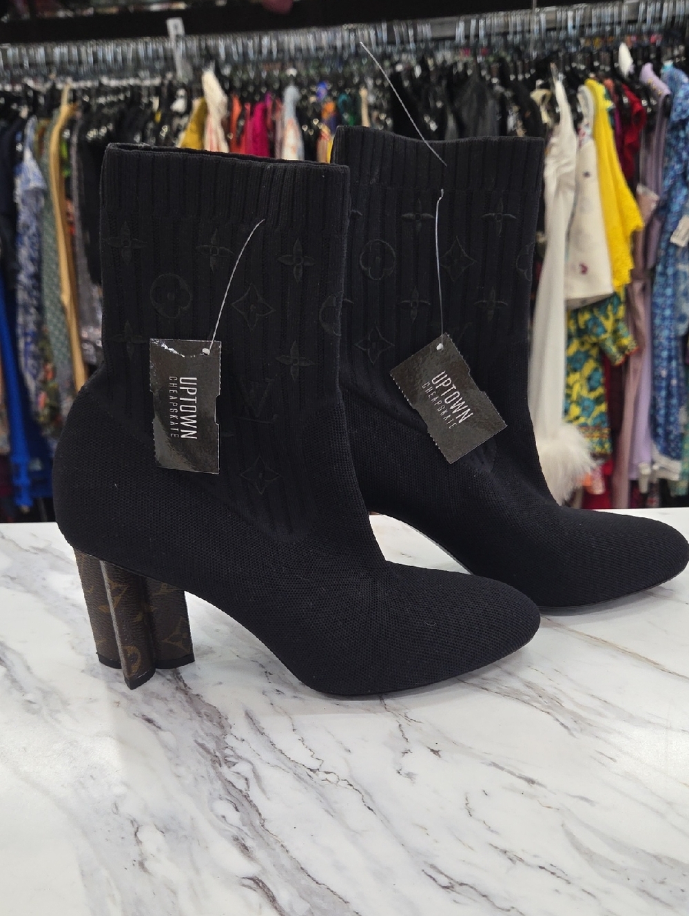 Louis Vuitton Black Knit Sock Boots with Monogram Block Heel